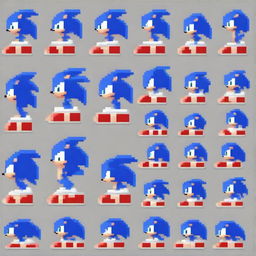 A comprehensive pixel art sprite sheet of Sonic the Hedgehog, designed in the distinctive style of the game Friday Night Funkin'