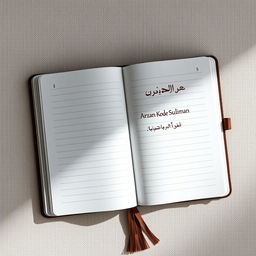 A hyper-realistic open notebook viewed from above, featuring lined pages
