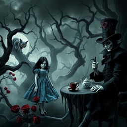 A dark-themed reinterpretation of Alice in Wonderland, featuring a gothic and surreal landscape