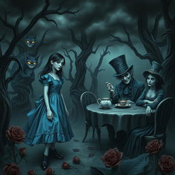 A dark-themed reinterpretation of Alice in Wonderland, featuring a gothic and surreal landscape