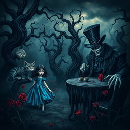 A dark-themed reinterpretation of Alice in Wonderland, featuring a gothic and surreal landscape