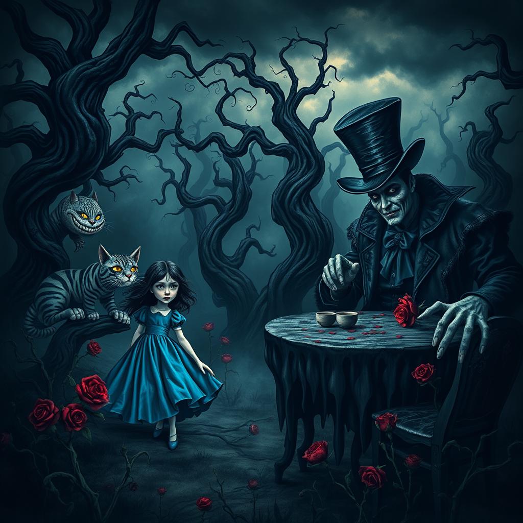A dark-themed reinterpretation of Alice in Wonderland, featuring a gothic and surreal landscape