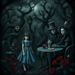 A dark-themed reinterpretation of Alice in Wonderland, featuring a gothic and surreal landscape