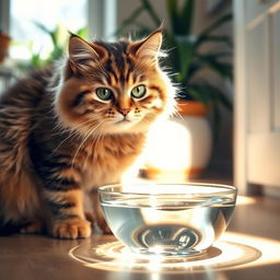 A cute fluffy cat drinking water from a clear bowl