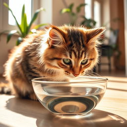 A cute fluffy cat drinking water from a clear bowl