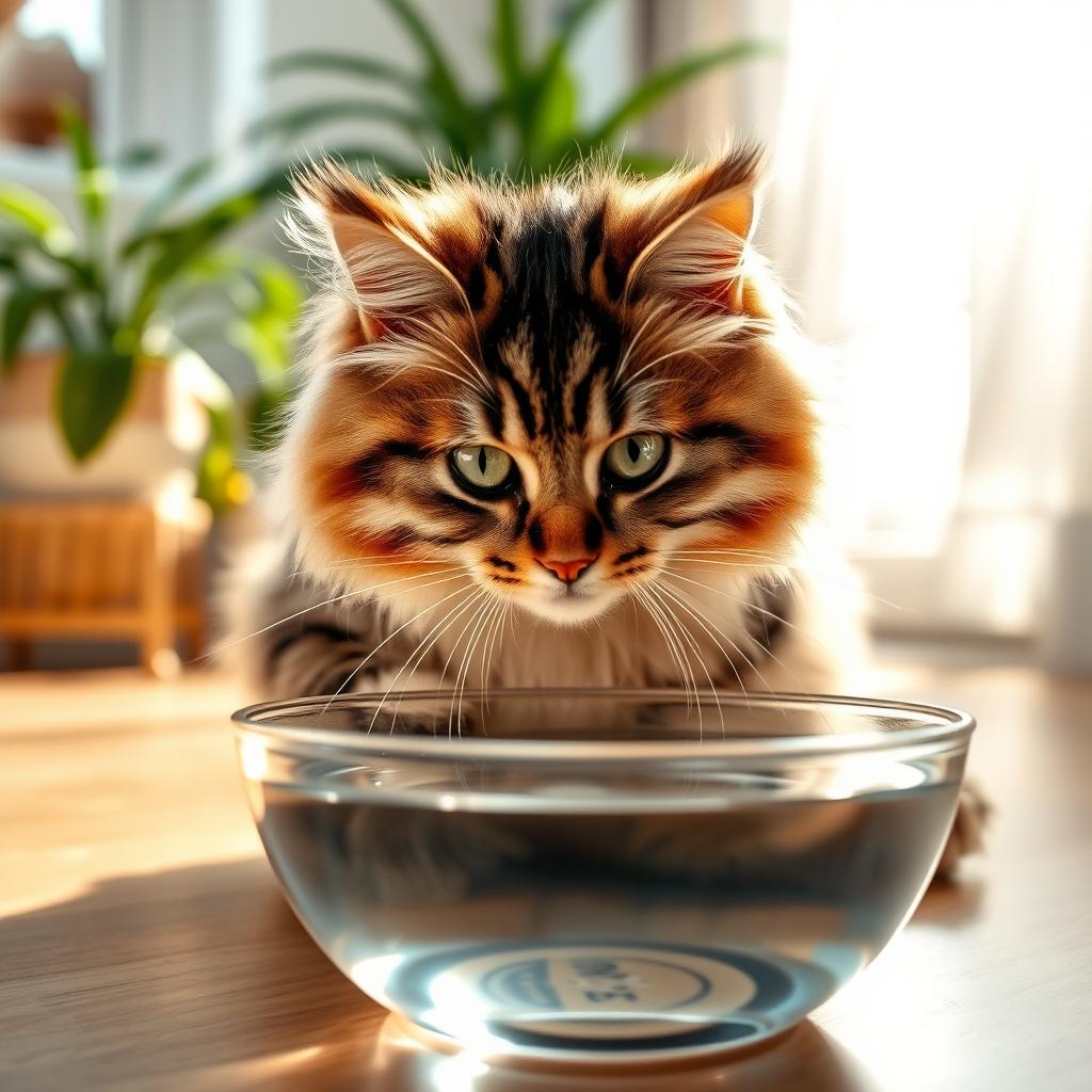 A cute fluffy cat drinking water from a clear bowl