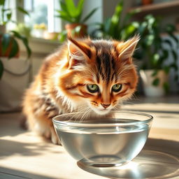 A cute fluffy cat drinking water from a clear bowl