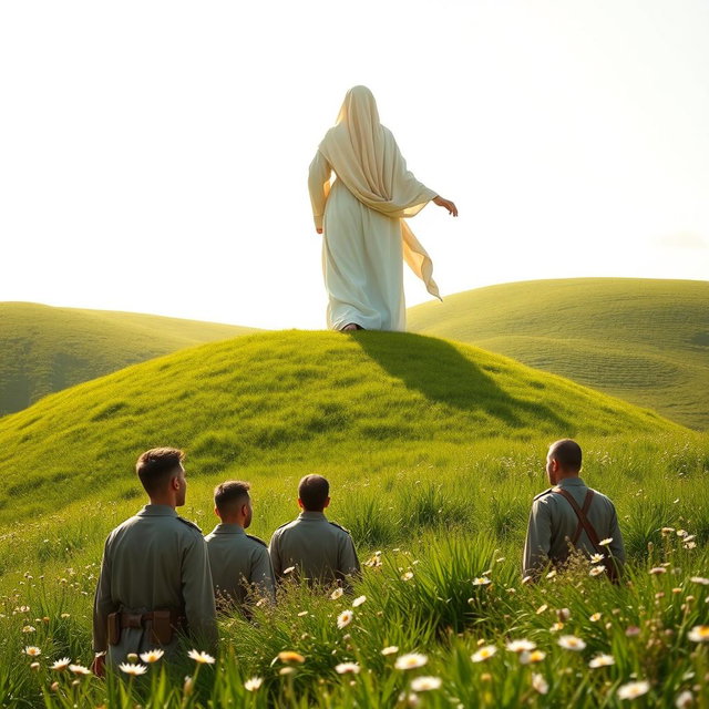 A serene scene depicting Hazrat Mahdi seen from behind, standing confidently on the crest of a gentle green hill