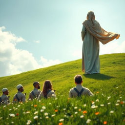 A serene scene depicting Hazrat Mahdi seen from behind, standing confidently on the crest of a gentle green hill