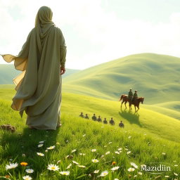 A serene scene depicting Hazrat Mahdi seen from behind, standing confidently on the crest of a gentle green hill
