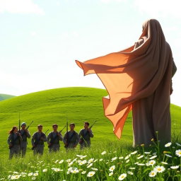 A serene scene depicting Hazrat Mahdi seen from behind, standing confidently on the crest of a gentle green hill