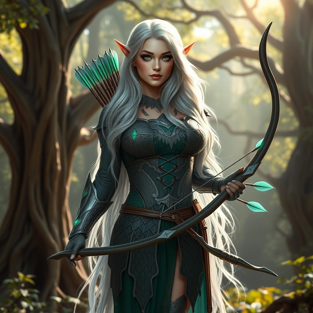 Eira, a voluptuous and curvy elf, stands confidently in her intricately designed armor that gleams with enchanting details, expertly crafted to enhance her agility and strength