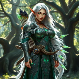 Eira, a voluptuous and curvy elf, stands confidently in her intricately designed armor that gleams with enchanting details, expertly crafted to enhance her agility and strength