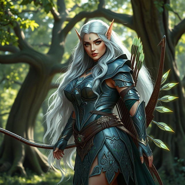 Eira, a voluptuous and curvy elf, stands confidently in her intricately designed armor that gleams with enchanting details, expertly crafted to enhance her agility and strength