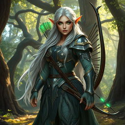 Eira, a voluptuous and curvy elf, stands confidently in her intricately designed armor that gleams with enchanting details, expertly crafted to enhance her agility and strength