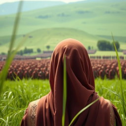 A close-up perspective from behind the head of Hazrat Mahdi, standing majestically in a lush green field