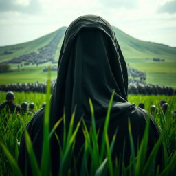 A close-up perspective from behind the head of Hazrat Mahdi, standing majestically in a lush green field