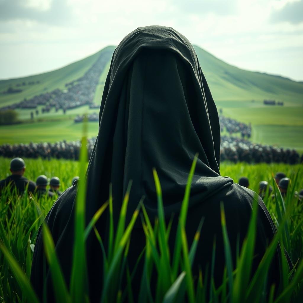 A close-up perspective from behind the head of Hazrat Mahdi, standing majestically in a lush green field