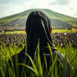 A close-up perspective from behind the head of Hazrat Mahdi, standing majestically in a lush green field