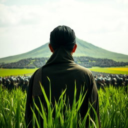 A close-up perspective from behind the head of Hazrat Mahdi, standing majestically in a lush green field