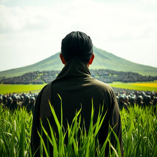 A close-up perspective from behind the head of Hazrat Mahdi, standing majestically in a lush green field