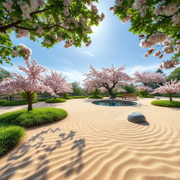 An elegant and peaceful Zen garden scene featuring a meticulously raked pattern in the sand, surrounded by lush green foliage and flowering cherry blossom trees