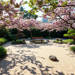 An elegant and peaceful Zen garden scene featuring a meticulously raked pattern in the sand, surrounded by lush green foliage and flowering cherry blossom trees
