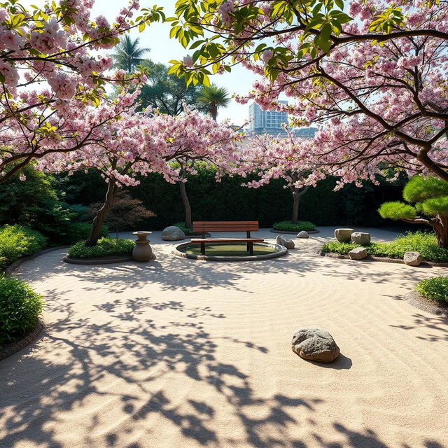 An elegant and peaceful Zen garden scene featuring a meticulously raked pattern in the sand, surrounded by lush green foliage and flowering cherry blossom trees