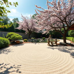 An elegant and peaceful Zen garden scene featuring a meticulously raked pattern in the sand, surrounded by lush green foliage and flowering cherry blossom trees