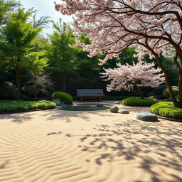 An elegant and peaceful Zen garden scene featuring a meticulously raked pattern in the sand, surrounded by lush green foliage and flowering cherry blossom trees