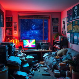 A 3D representation of a cluttered stoner's room at night