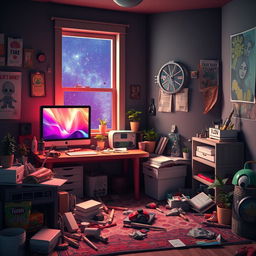 A 3D representation of a cluttered stoner's room at night