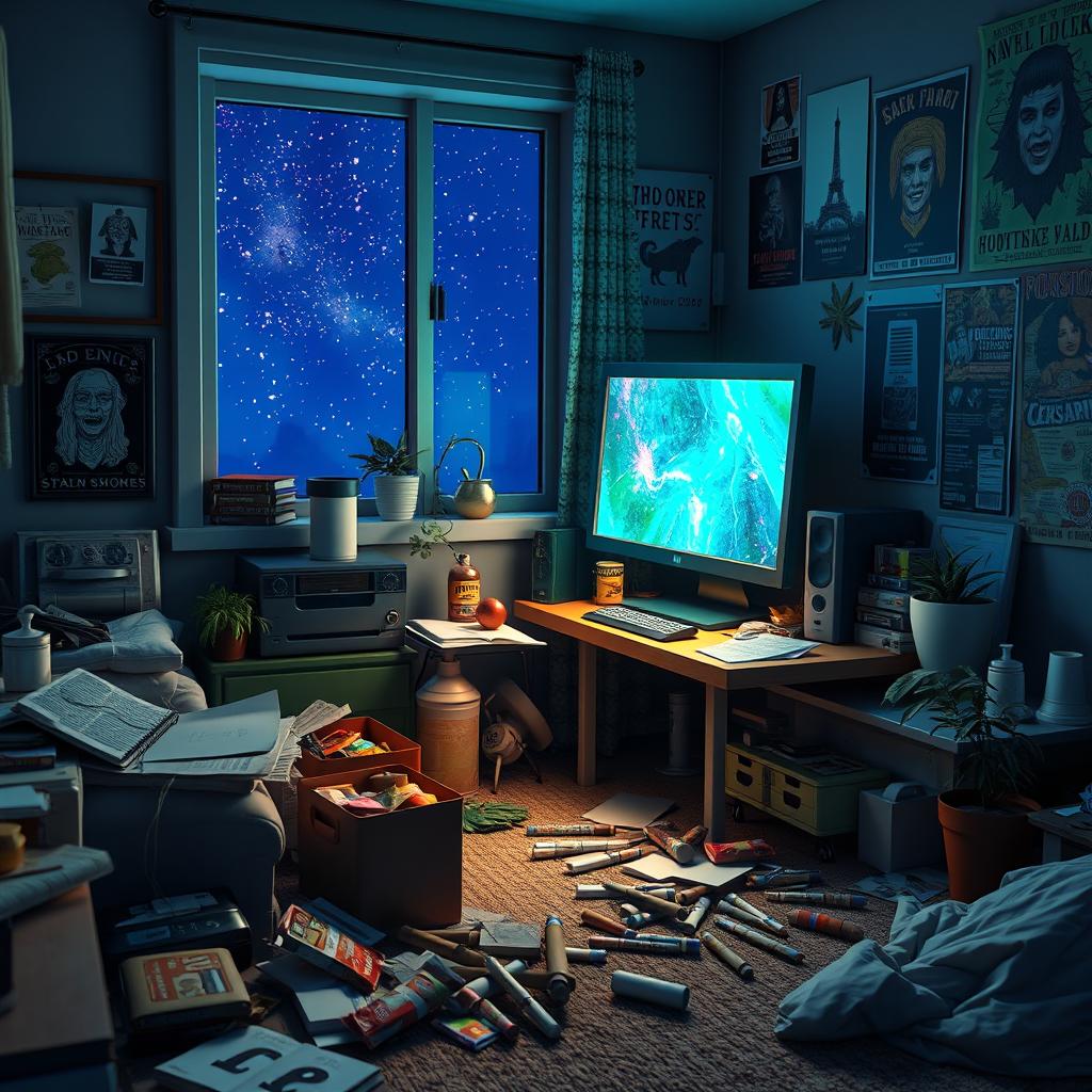 A 3D representation of a cluttered stoner's room at night