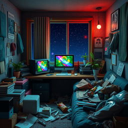 A 3D representation of a cluttered stoner's room at night