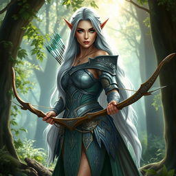 Eira, a voluptuous and curvy elf, stands gracefully in her shimmering armor that features intricate designs, each piece meticulously crafted to enhance her agility and strength