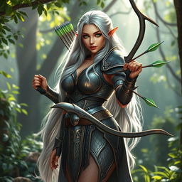 Eira, a voluptuous and curvy elf, stands gracefully in her shimmering armor that features intricate designs, each piece meticulously crafted to enhance her agility and strength