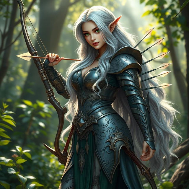 Eira, a voluptuous and curvy elf, stands gracefully in her shimmering armor that features intricate designs, each piece meticulously crafted to enhance her agility and strength