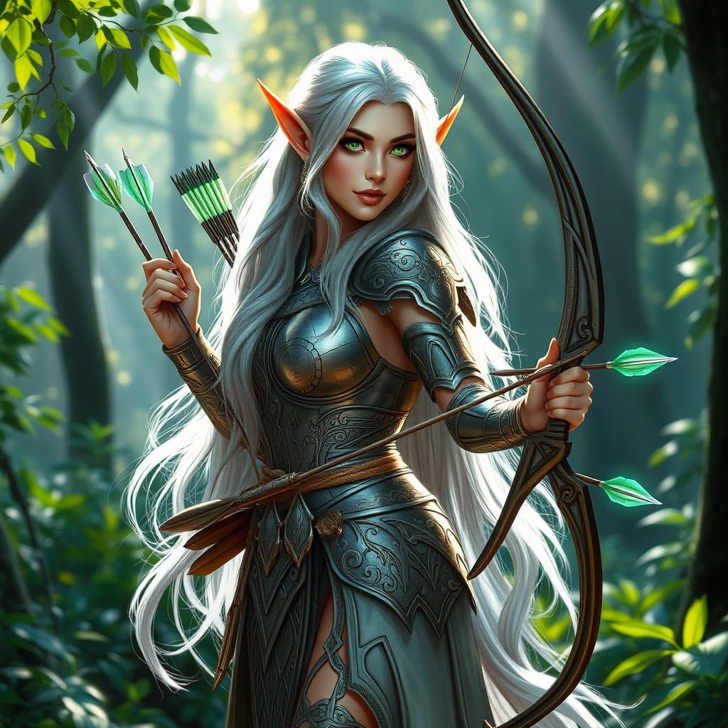 Eira, a voluptuous and curvy elf, stands gracefully in her shimmering armor that features intricate designs, each piece meticulously crafted to enhance her agility and strength