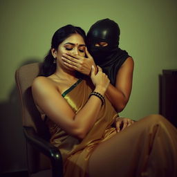 A sensual scene featuring two attractive Indian women