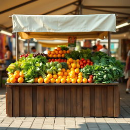 A simple and charming side view of a marketplace stall, displaying an array of fresh fruits and vegetables