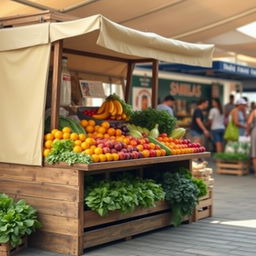 A simple and charming side view of a marketplace stall, displaying an array of fresh fruits and vegetables