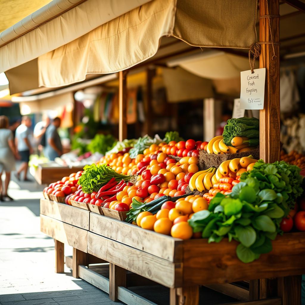 A simple and charming side view of a marketplace stall, displaying an array of fresh fruits and vegetables