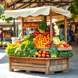 A simple and charming side view of a marketplace stall, displaying an array of fresh fruits and vegetables