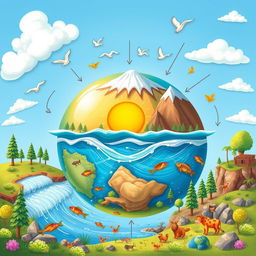 An educational and artistic illustration depicting the interactions among the four spheres of the Earth: the atmosphere, hydrosphere, lithosphere, and biosphere