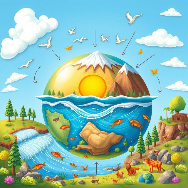 An educational and artistic illustration depicting the interactions among the four spheres of the Earth: the atmosphere, hydrosphere, lithosphere, and biosphere
