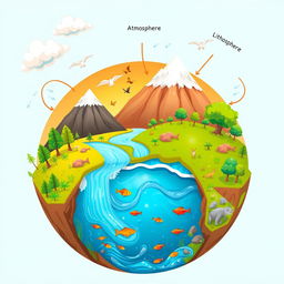 An educational and artistic illustration depicting the interactions among the four spheres of the Earth: the atmosphere, hydrosphere, lithosphere, and biosphere