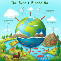 An educational and artistic illustration depicting the interactions among the four spheres of the Earth: the atmosphere, hydrosphere, lithosphere, and biosphere