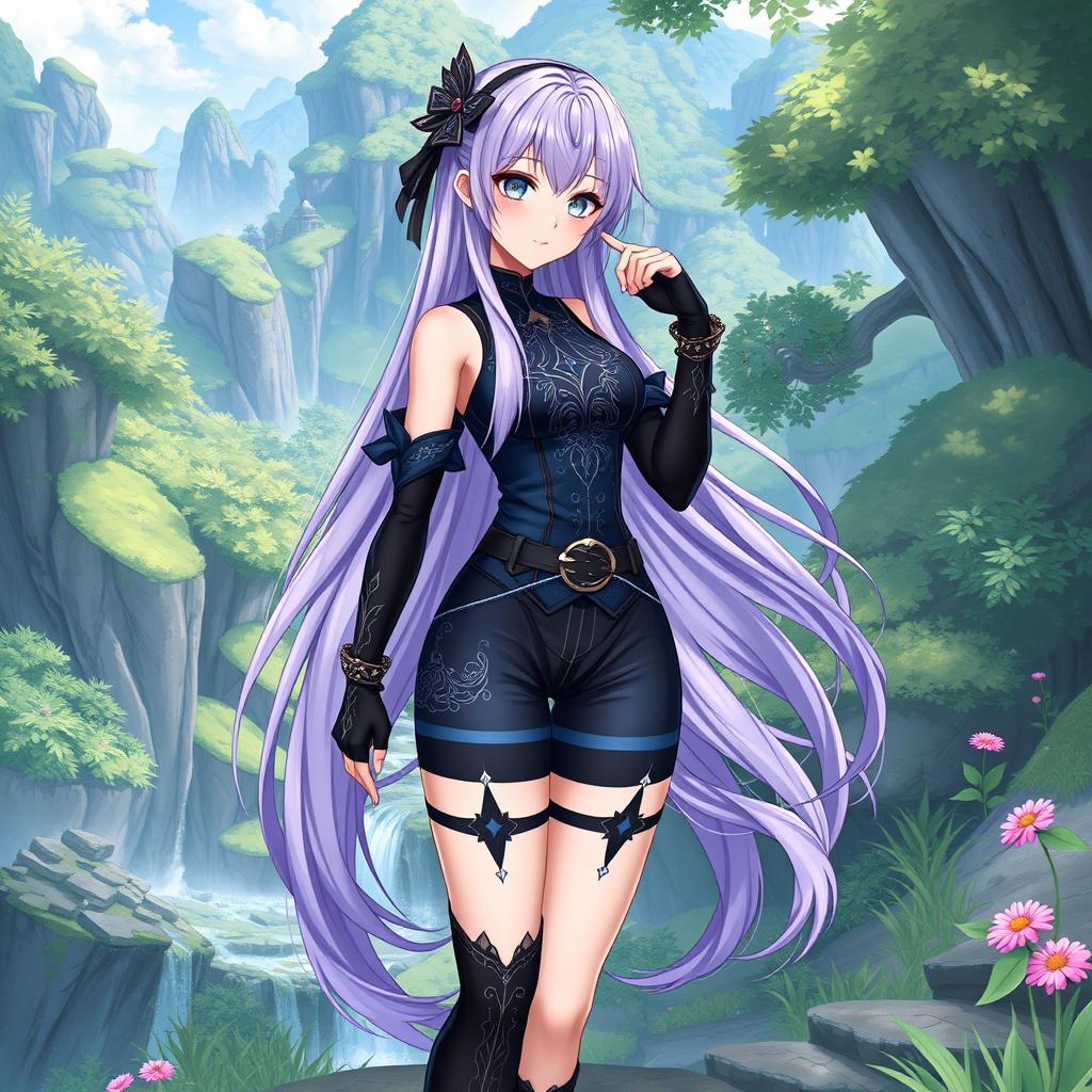 A stunning female original character from Genshin Impact, set in the lush landscapes of Sumeru