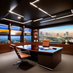 A 15'x16' CEO office cabin, professionally designed with sleek office furniture, large glass windows, expansive, polished desk, comfortable seating, elegant lighting fixtures, shelves with prestigious awards and motivational artwork on the walls.