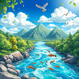 An anime-inspired illustration depicting the interactions among the four spheres of the Earth: the lithosphere, hydrosphere, atmosphere, and biosphere